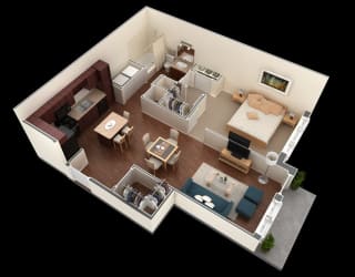 1 bed 1 bath floor plan at Overlook at Stone Oak Park Apartments, San Antonio, TX
