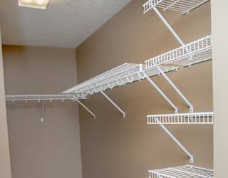 Empty shelves in a walk in closet with a carpeted floor.