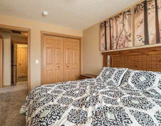 a bedroom with a bed and a closet
