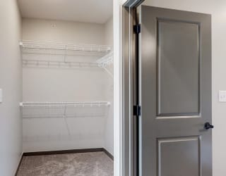 Closet space providing storage in the Bliss floor plan at Haven at Uptown in Lincoln, NE