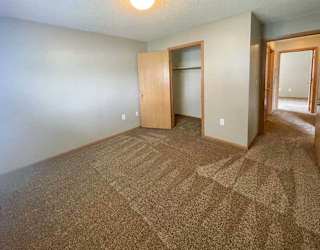 A carpeted bedroom with a closet door and a window.
