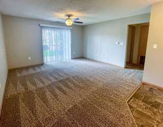 A living room with a carpeted floor and a sliding glass door with blinds.