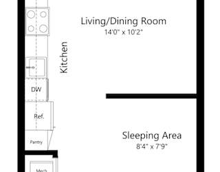 a 2D floorplan of the studio August at The Conrad in Omaha, NE 68105