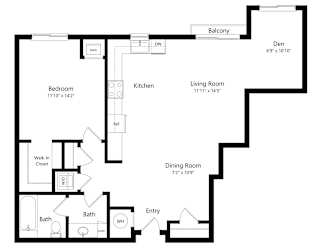 a 2D floorplan of the 1-bedroom Breckenridge with Den at The Conrad in Omaha, NE 68105