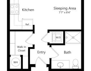 a 2D floorplan of the studio Jones at The Conrad in Omaha, NE 68105