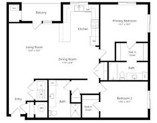 a 2D floorplan of the 2-bedroom Knickerbocker at The Conrad in Omaha, NE 68105