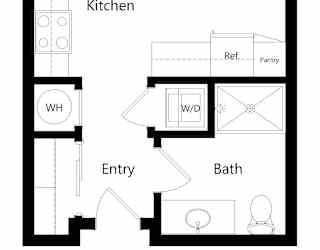 a 2D floorplan of the studio Logan without a privacy wall at The Conrad in Omaha, NE 68105