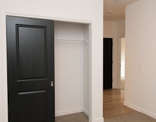 A black door is open to a closet