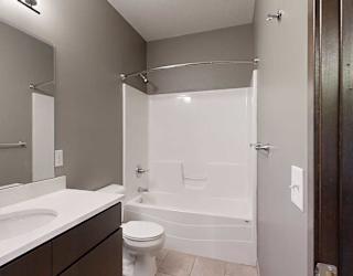 a bathroom with a white granite vanity sink,  and a combo bathtub and shower