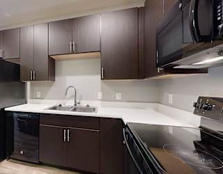 a kitchen with dark cabinets, light granite countertops, and a black fridge