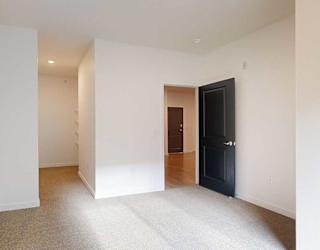 a bedroom with a long walk-in closet and carpeted flooring