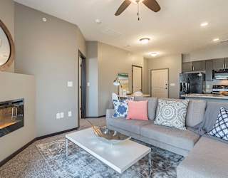 a living room with a couch and a coffee table