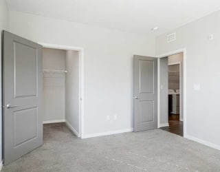 a bedroom with a walk-in closet and carpeting
