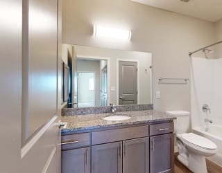 a bathroom with a granite countertop vanity sink and a large mirror