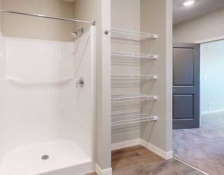 a bathroom with a walk-in shower and built-in shelving