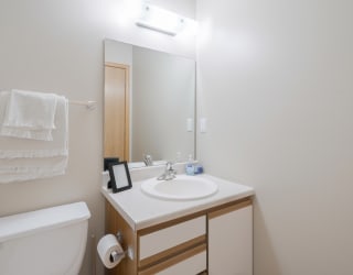 a bathroom with a toilet, sink, and a mirror