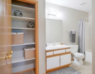 Linen closet next to bathroom with a toilet and a sink and a mirror and shower and tub combo