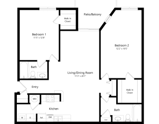 a floor plan of an apartment with two bedrooms and a living room