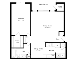 a floor plan of an apartment with a bedroom and a living room