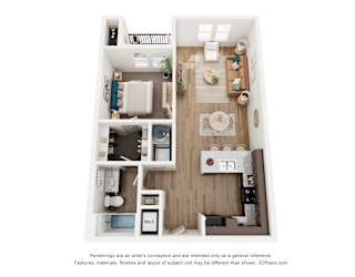 A 3D floor plan of a small apartment with a kitchen, living room, and bedrooms.
