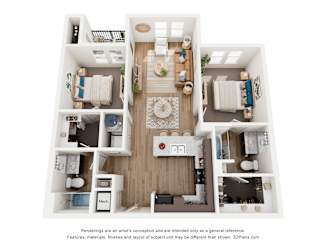 A 3D floor plan of a small apartment with a kitchen, living room, and bedroom.