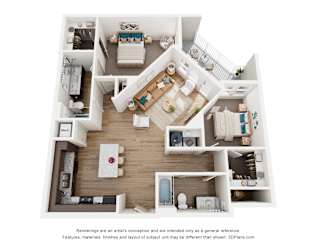 A 3D floor plan of a house with a kitchen, living room, and bathroom.