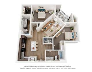 A 3D floor plan of a house with a kitchen, living room, and bathroom.