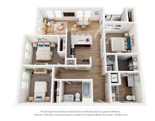 A 3D floor plan of a house with a kitchen, living room, and bathroom.