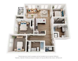 A 3D floor plan of a house with a kitchen, living room, and bathroom.
