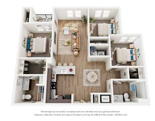 A 3D floor plan of a house with a kitchen, living room, and two bedrooms.