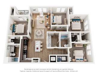 A 3D floor plan of a house with a kitchen, living room, and bedrooms.