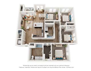 A 3D floor plan of a house with a kitchen, living room, and two bedrooms.