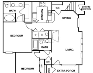 A black and white floor plan of a house with a living room, dining room, kitchen, two bedrooms, a bathroom, and an extra porch.