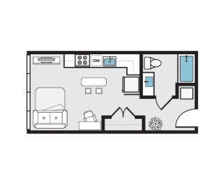a bedroom floor plan with a bathroom and a living room at THE MOD AT MIDTOWN Apartments, SACRAMENTO, CA, 90028