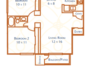 2 Bed 1 Bath, 764 square feet floor plan