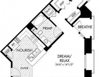 Studio 1 Bath 713 square feet floor plan S5