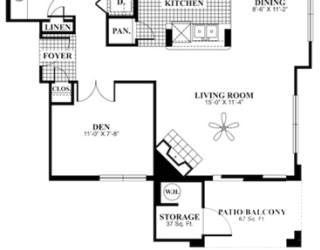1 bed 1 Bath 975 square feet Calm + Den floor plan