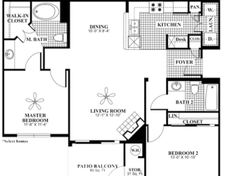 2 bed 2 Bath 1085 square feet Peace floor plan