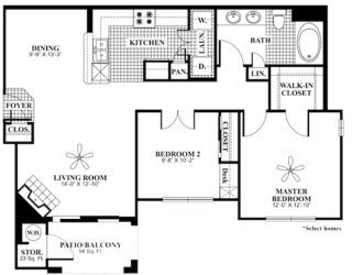 2 bed 1 Bath 970 square feet Refresh floor plan
