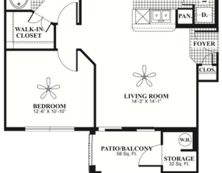 1 bed 1 Bath 715 square feet Retreat floor plan
