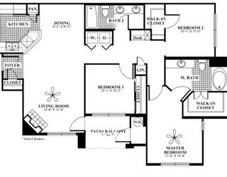 3 bed 2 Bath 1285 square feet Splendor floor plan
