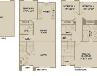 4 bed 3 Bath 1582 square feet floor plan Plan B