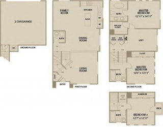 3 bed 3.5 Bath 2042 square feet floor plan Plan C