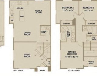 3 bed 2.5 Bath 1691 square feet floor plan Plan E