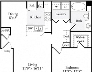 1 Bed 1 Bath 728 square feet floor plan Plan A