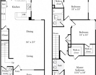 3 Bed 2 Bath 1329 square feet floor plan Townhouse
