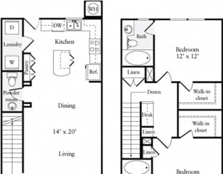 2 Bed 2.5 Bath 1102 square feet floor plan Townhouse