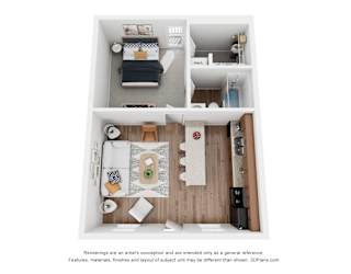 A 3D floor plan of a small apartment with a kitchen, living room, and bedroom.