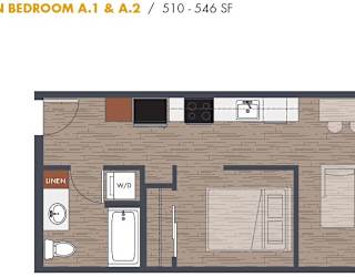 A floor plan of an open bedroom layout A.1 and A.2 with a linen closet, w/d, and a window.