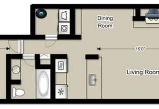 1 Bed, 1 Bath, 709 sq ft, Poplar floor plan